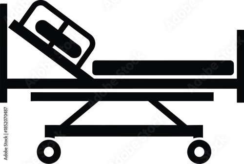A black silhouette icon of a hospital bed on wheels with an elevated headrest