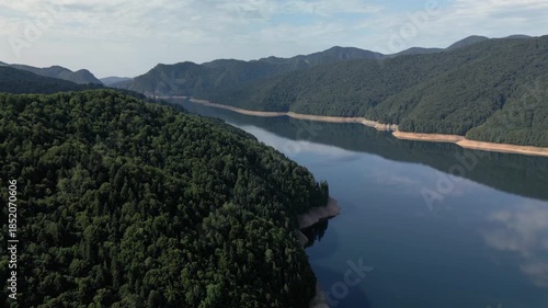 Lake Vidraru in mountains in Romania, aerial view. 