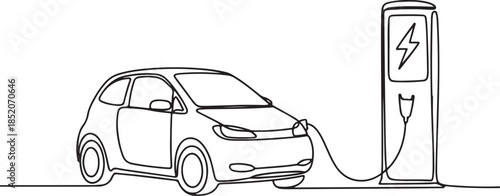  A minimalist, outline-style vector illustration symbolizing sustainable living, renewable energy, and modern, green technology in the automotive industry.