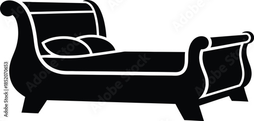 Black silhouette icon of a classic style bed with pillows for bedroom furniture design