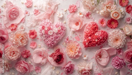 Collection of Pink Flowers and Hearts on a Light Background During a Celebrat...