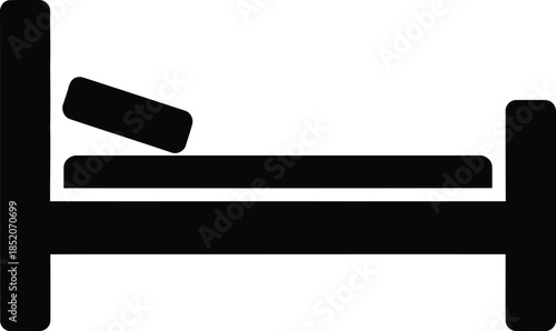 Minimalist black silhouette icon representing a bed with a pillow on white background