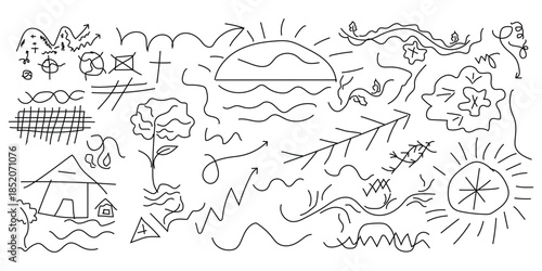 A child's drawing of a sunny landscape with a house trees and abstract shapes