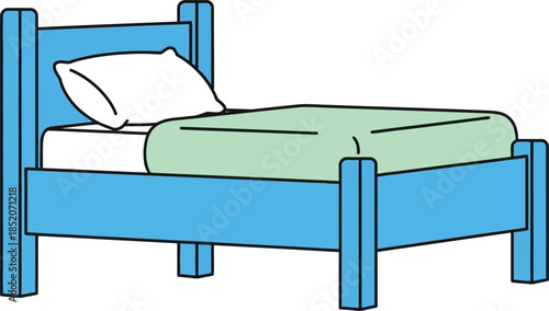 A simple cartoon illustration of a single bed with a blue frame and light green bedding