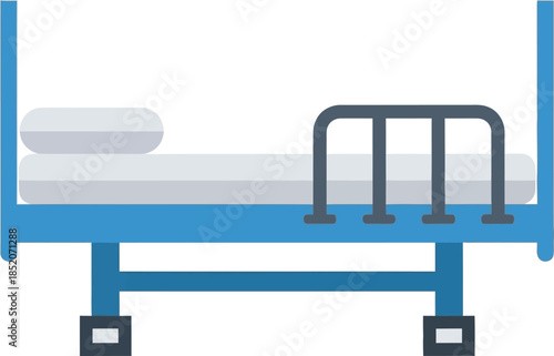 A blue hospital bed with a white mattress and pillow, featuring a safety rail