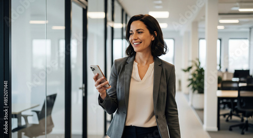A smiling Caucasian woman in a gray blazer holds a smartphone while walking through a modern office space. Bright, open layout with glass walls and plants.