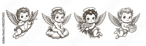 Vintage Cupid Angel Set  With Wings Bow Flowers And Gift In Romantic Style Valentine's Day Design