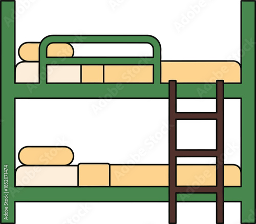 Simple green bunk bed icon with two mattresses and a ladder for sleeping