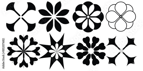 Collection of eight symmetrical black and white floral patterns and designs