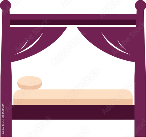 A purple canopy bed illustration with a beige mattress and pillow on a white background