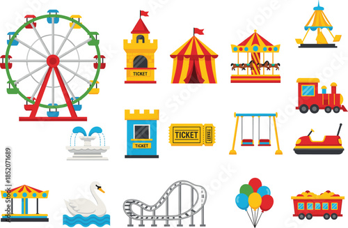 Amusement Park Icons Collection With Ferris Wheel Carousel Roller Coaster And Circus Elements Isolated On White Background Flat Vector Illustration