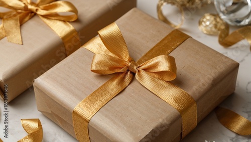 Wrapped Presents With Golden Ribbons on a Table Ready for Celebration