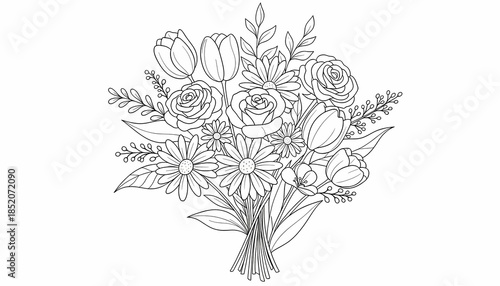 Hand Drawn Floral Bouquet with Roses and Tulips in Black and White Line Art