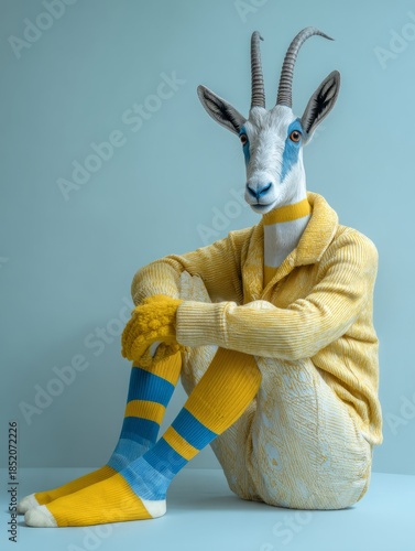 Antilope dressed in yellow and blue sock covered all over their face and body against pastel mint 