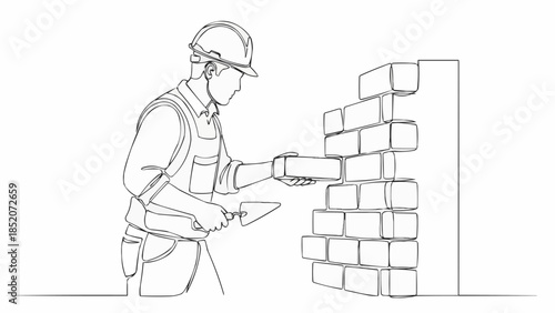 Bricklayer Constructing Wall with Trowel and Bricks.
