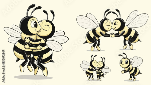 Cute cartoon bees in various affectionate poses.