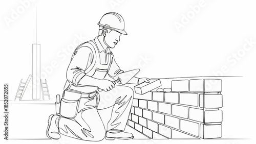 Bricklayer working on construction site wearing helmet and tool belt.
