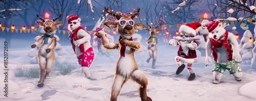 Christmas Party: Funny reindeer, Santa Claus and polar bears dance on a winter holiday background. Animated video for greeting cards, festive events, and New Year’s parties.