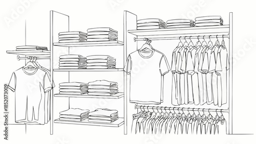 Clothing store display with folded and hung shirts.