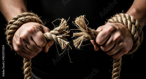 Hands breaking rope shackles isolated on black background