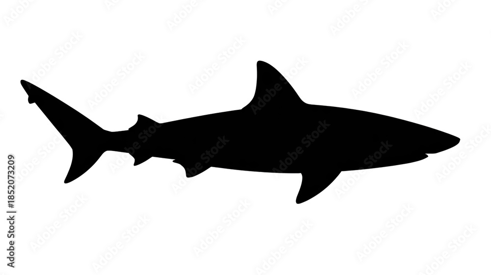 Naklejka premium A black silhouette of a shark swimming horizontally across a white background