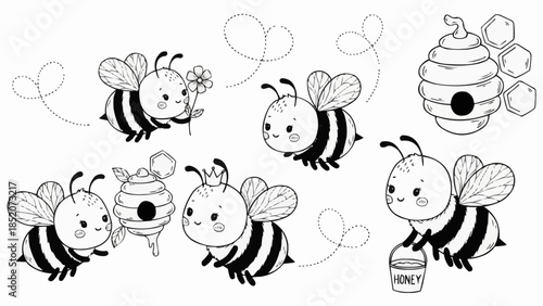 Cute Cartoon Bees and Beehive Collection.