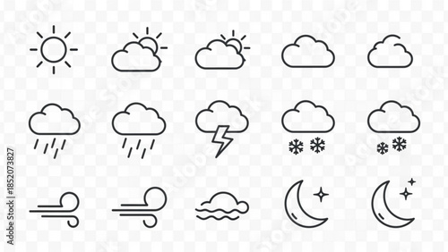 A set of various weather icons in a simple line style on a transparent background