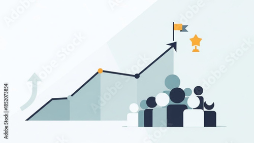 A group of people standing in front of a line graph with an upward trend and a flag on top with a star, symbolizing success and growth