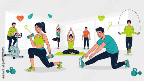 A vibrant illustration of people engaging in various fitness activities in a gym with colorful equipment and accessories
