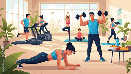 A vibrant gym scene with people exercising and working out together in a modern fitness center with various equipment