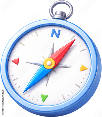 3D blue compass icon with red and blue needles for navigation direction and creative business journey exploration concept.