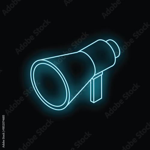 Neon sign representing a megaphone glowing against a black background, a symbol of communication and announcement
