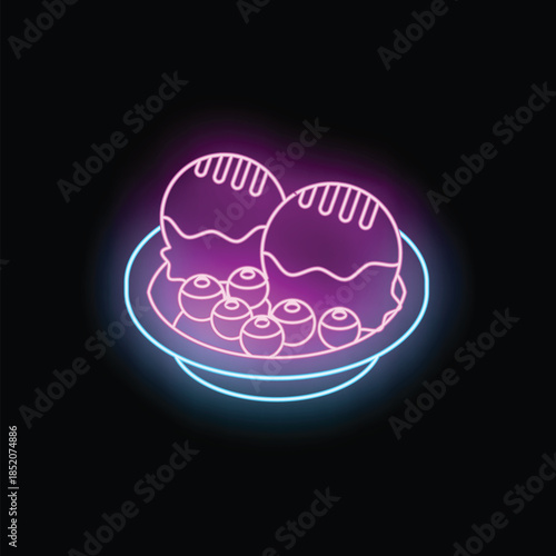 Bright glowing neon sign showing two scoops of ice cream with blueberries on a plate