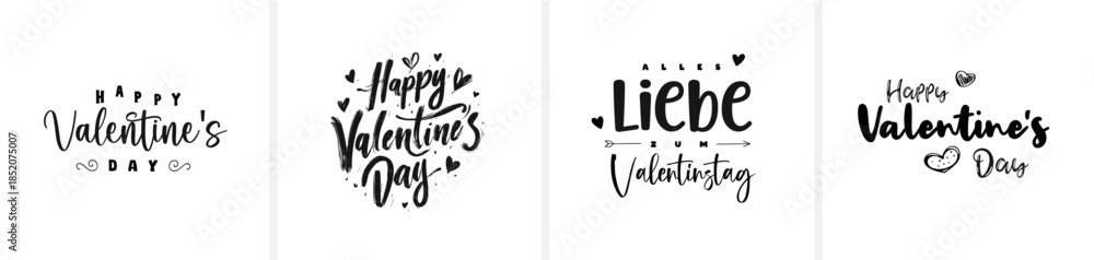 Fototapeta premium Moderne minimalistische Schönschrift-Kalligrafie mit den Schriftzügen „Happy Valentine’s Day“ und „Alles Liebe zum Valentinstag“. Eleganter, zeitloser Vektor-Schriftzug für Karten, Print und Design.
