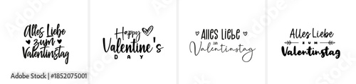 Moderne minimalistische Schönschrift-Kalligrafie mit den Schriftzügen „Happy Valentine’s Day“ und „Alles Liebe zum Valentinstag“. Eleganter, zeitloser Vektor-Schriftzug für Karten, Print und Design.