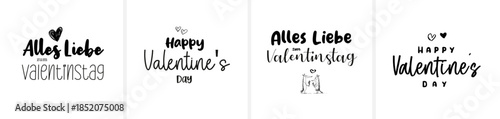 Moderne minimalistische Schönschrift-Kalligrafie mit den Schriftzügen „Happy Valentine’s Day“ und „Alles Liebe zum Valentinstag“. Eleganter, zeitloser Vektor-Schriftzug für Karten, Print und Design.