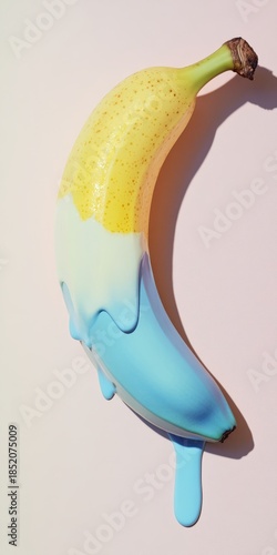 A banana with blue and yellow liquid dripping from the top