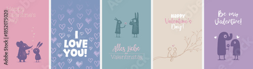 5 moderne und süße Grußkarten zu Valentinstag in deutscher und englischer Sprache sowie im Din Format. Moderne perfekte Typo + harmonische Farben + Motive & Hintergründe selektierbar und verwendbar