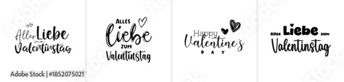Moderne minimalistische Schönschrift-Kalligrafie mit den Schriftzügen „Happy Valentine’s Day“ und „Alles Liebe zum Valentinstag“. Eleganter, zeitloser Vektor-Schriftzug für Karten, Print und Design.