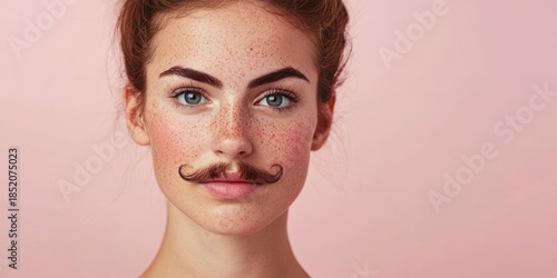 Portrait of a beautiful woman with freckles with moustache against pastel background