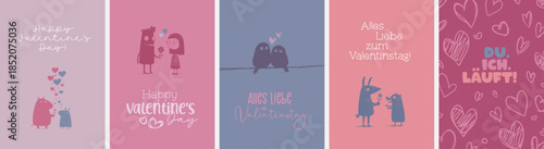 5 moderne und süße Grußkarten zu Valentinstag in deutscher und englischer Sprache sowie im Din Format. Moderne perfekte Typo + harmonische Farben + Motive & Hintergründe selektierbar und verwendbar