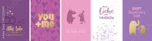 5 moderne und süße Grußkarten zu Valentinstag in deutscher und englischer Sprache sowie im Din Format. Moderne perfekte Typo + harmonische Farben + Motive & Hintergründe selektierbar und verwendbar