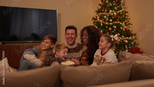 Family Enjoys Movie Night With Popcorn Near Decorated Christmas Tree in Cozy ...