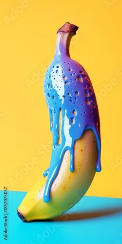 A banana with blue and yellow liquid dripping from the top