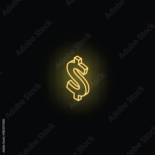 Neon yellow three dimensional dollar sign glowing on a black background