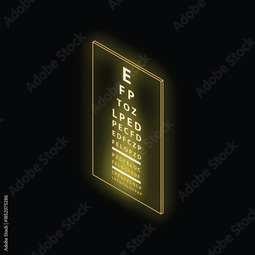 Neon eye chart glowing on black background representing concept of visual health