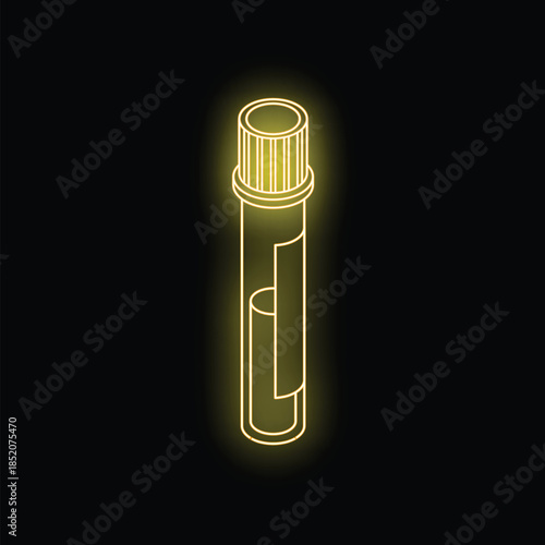 Medical test tube is glowing with a yellow neon light on a black background