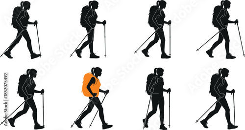 Hiking motion sequence icon set, black silhouette illustration of trekking posture, walking biomechanics, and outdoor activity concept graphic