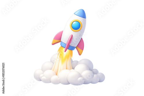 3D isometric space rocket launching with smoke cloud for startup business success and creative project growth concepts.