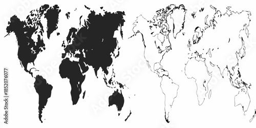 Black and white world maps side by side contrasting shapes and continents